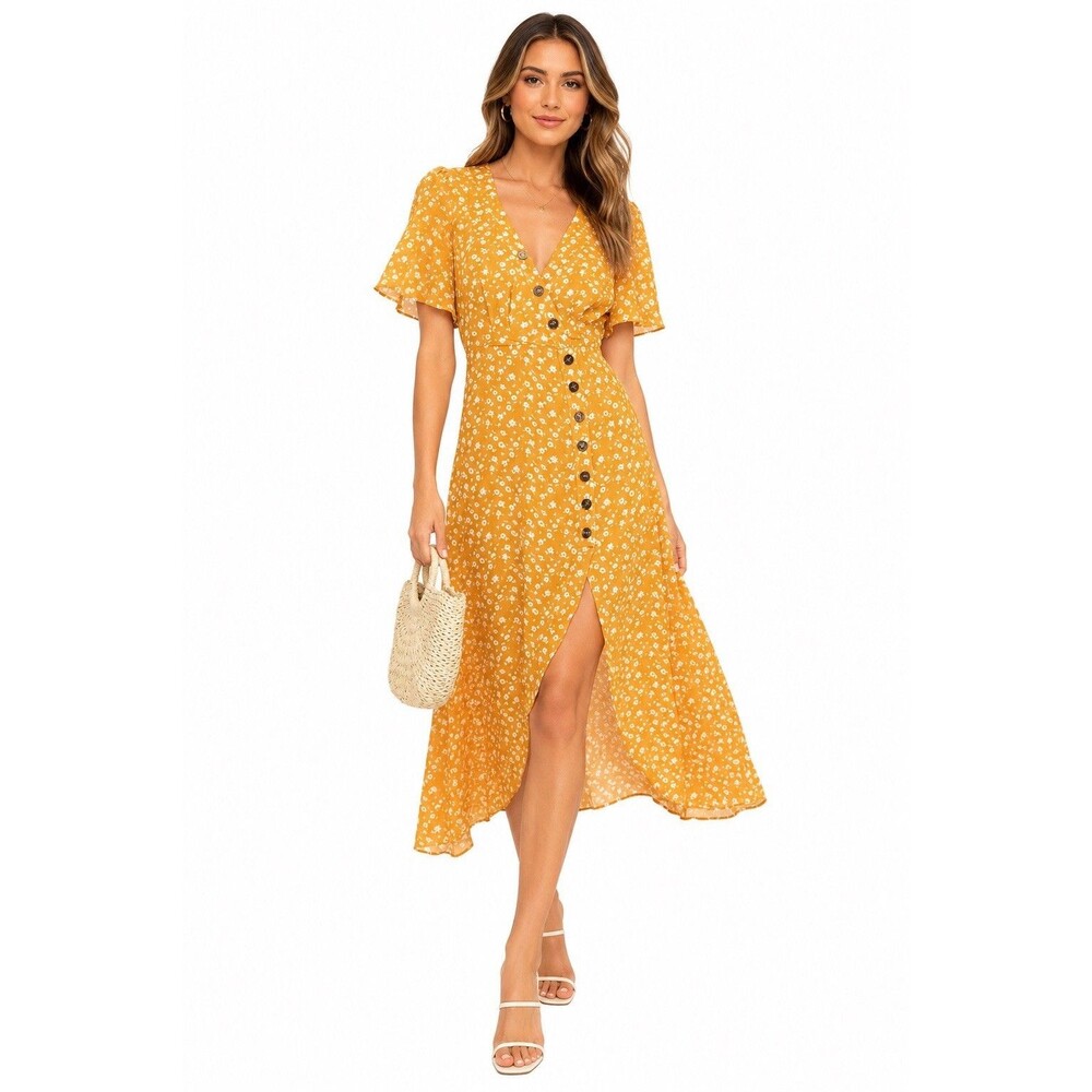 Lulus Golden Yellow Floral Faux Wrap Midi Dress  Romantic Prairie Cottagecore